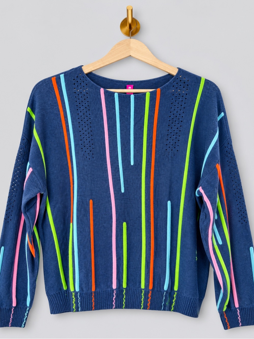 Zaket & Plover Colorful Stripe Sweater Large Navy Oversized Artsy Knit Pullover
